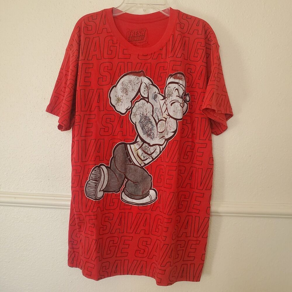 Fresh Laundry Popeye‎ T-Shirt Savage Spell Out All Around Red Men's Size Large